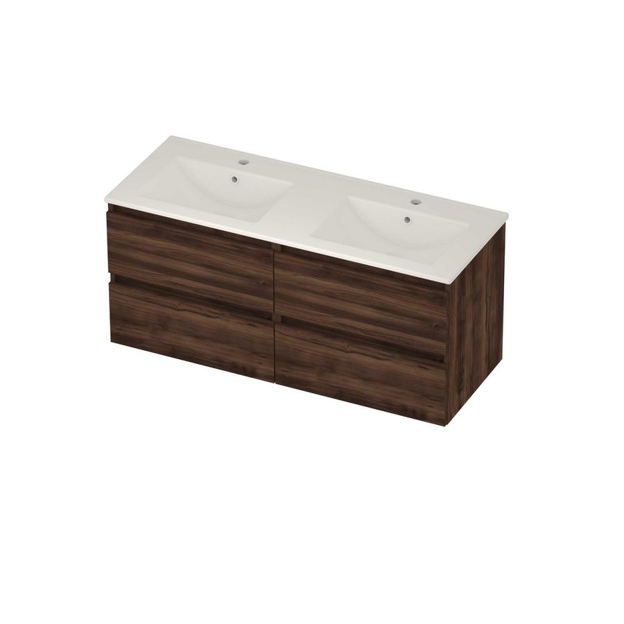 Coach 46 Set porselein wastafel midden met 2 kraangaten en onderkast 2 laden greeploos 1200x460x540mm Barista oak/glans wit