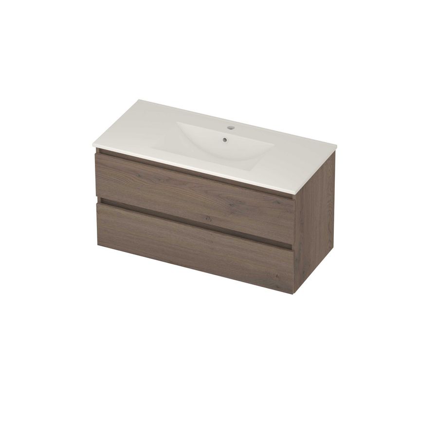 Coach 46 Set porselein wastafel midden met kraangat en onderkast 2 laden greeploos 1000x460x540mm Dusk oak/glans wit