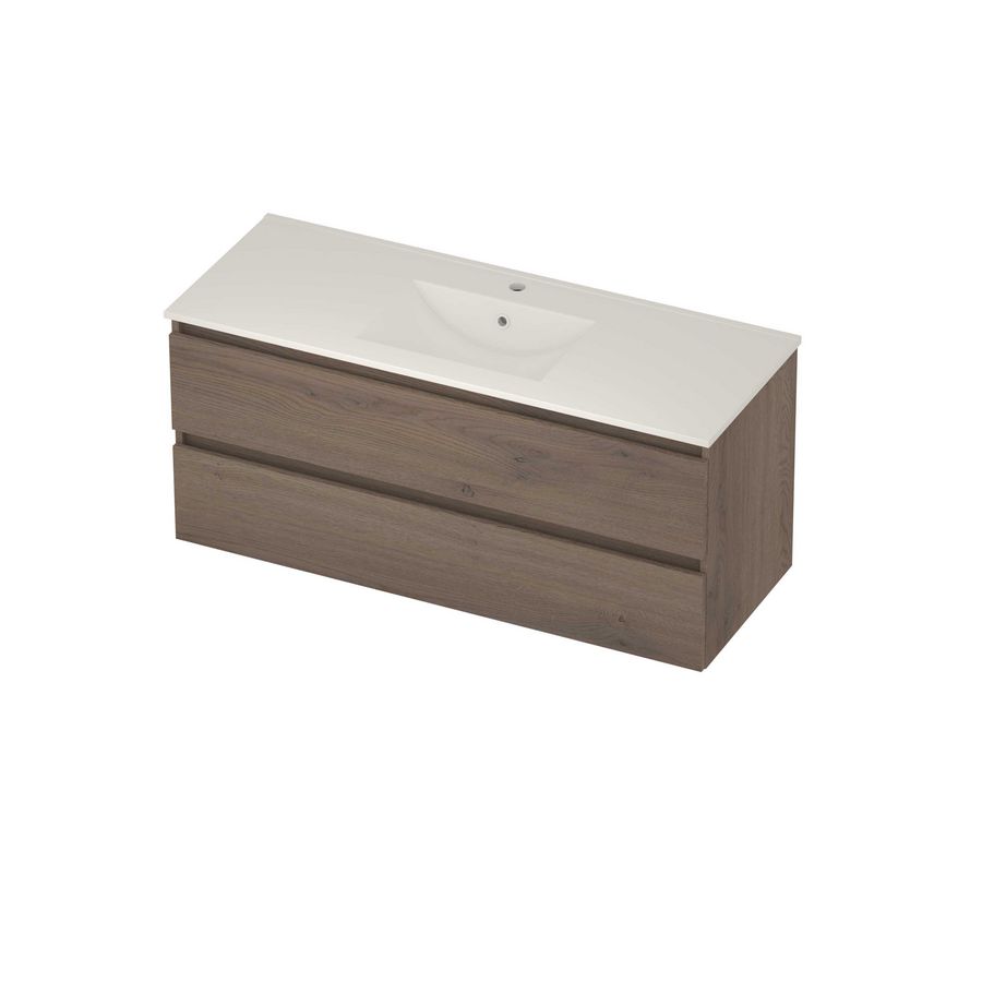 Coach 46 Set porselein wastafel midden met kraangat en onderkast 2 laden greeploos 1200x460x540mm Dusk oak/glans wit
