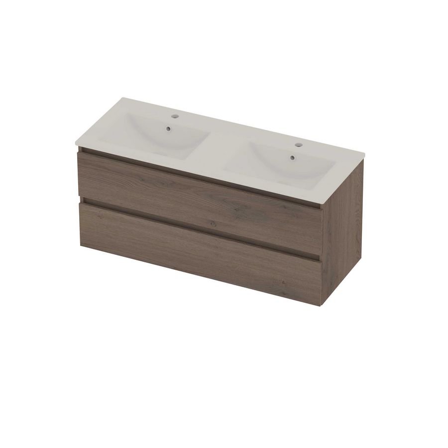 Coach 46 Set porselein wastafel dubbel met 2 kraangaten en onderkast 2 laden greeploos 1200x460x540mm Duks oak/glans wit