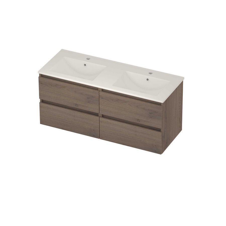 Coach 46 Set porselein wastafel midden met 2 kraangaten en onderkast 2 laden greeploos 1200x460x540mm Dusk oak/glans wit