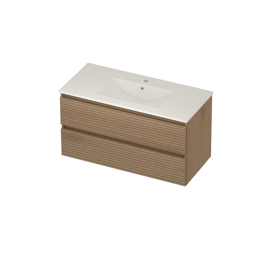 Coach 46 Set porselein wastafel midden met kraangat en onderkast 2 laden greeploos 1000x460x540mm Lamello oak/glans wit