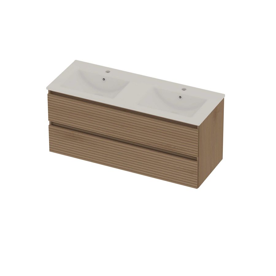 Coach 46 Set porselein wastafel dubbel met 2 kraangaten en onderkast 2 laden greeploos 1200x460x540mm Lamello oak/glans wit