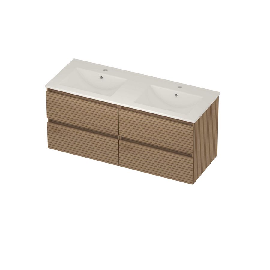 Coach 46 Set porselein wastafel midden met 2 kraangaten en onderkast 2 laden greeploos 1200x460x540mm Lamello oak/glans wit