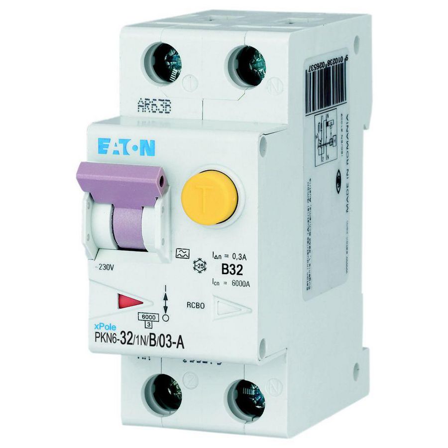 Aardlekautomaat (RCBO) PKN6 B-kar., 32A, 300mA, 2P incl. N, 6 kA, type Eaton