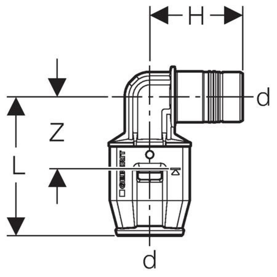 Insteekknie 90° 16xspie-eind 16mm insteek pvdf PUSHFIT VVE= 5