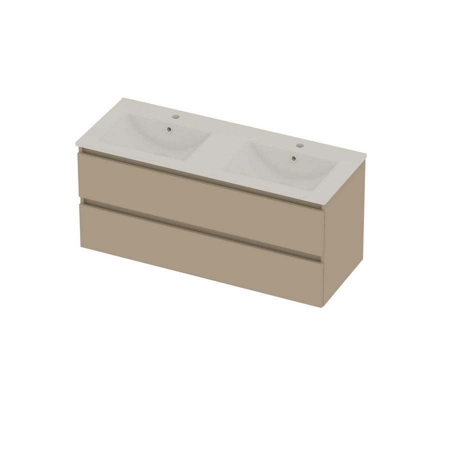 Coach 46 Set porselein wastafel dubbel met 2 kraangaten en onderkast 2 laden greeploos 1200x460x540mm matt Beige/glans wit