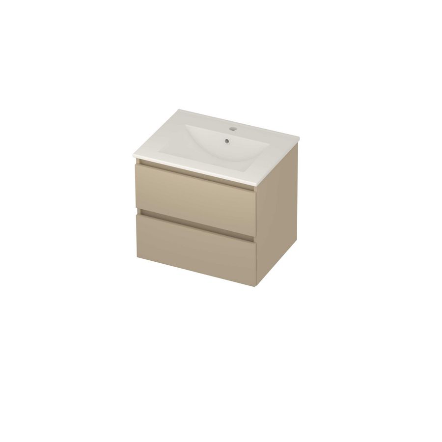 Coach 46 Set porselein wastafel midden met kraangat en onderkast 2 laden greeploos 600x460x540mm matt Beige/glans wit
