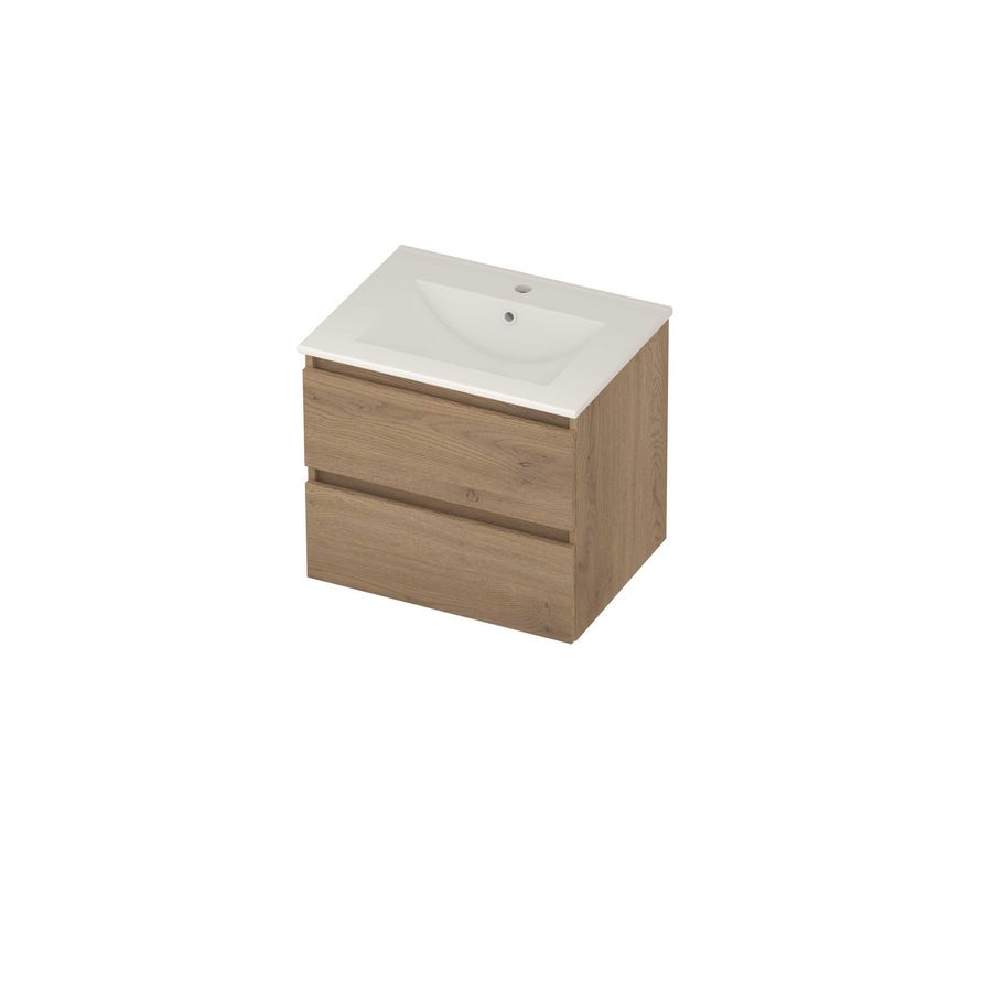 Coach 46 Set porselein wastafel midden met kraangat en onderkast 2 laden greeploos 600x460x540mm Pure oak/glans wit