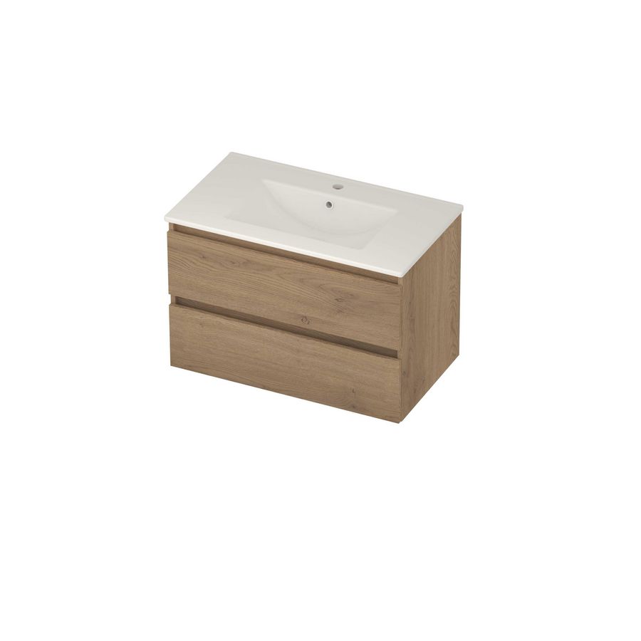 Coach 46 Set porselein wastafel midden met kraangat en onderkast 2 laden greeploos 800x460x540mm Pure oak/glans wit