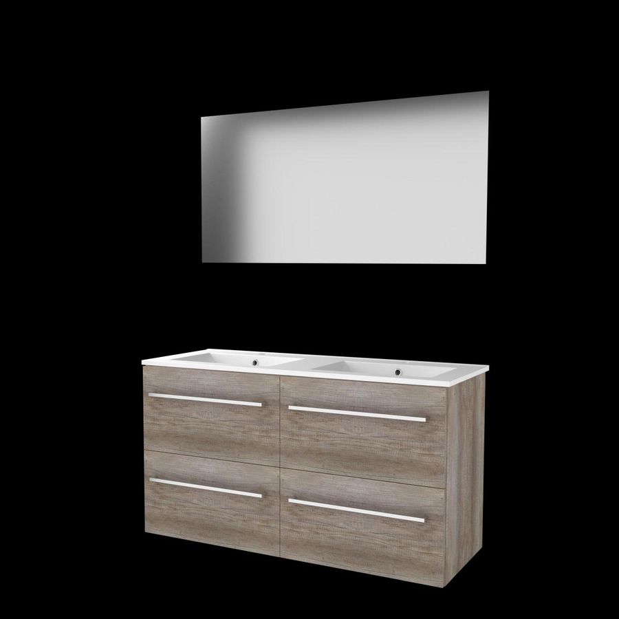 Set ULTIMATE-46 onderkast scotch oak 120cm (2x 60cm) grepen chroom 4x la porselein wastafel 2x kraangat spiegel ind. LED-verl. ↑+↓ (U46GR120PSO)