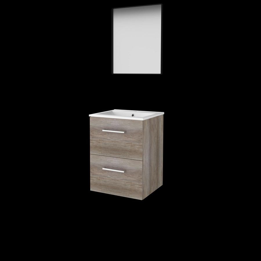 Set FRAMED-46 onderkast scotch oak 50cm grepen chroom 2x la porselein wastafel 1x kraangat spiegel frame mat zwart (F46GR50PSO)