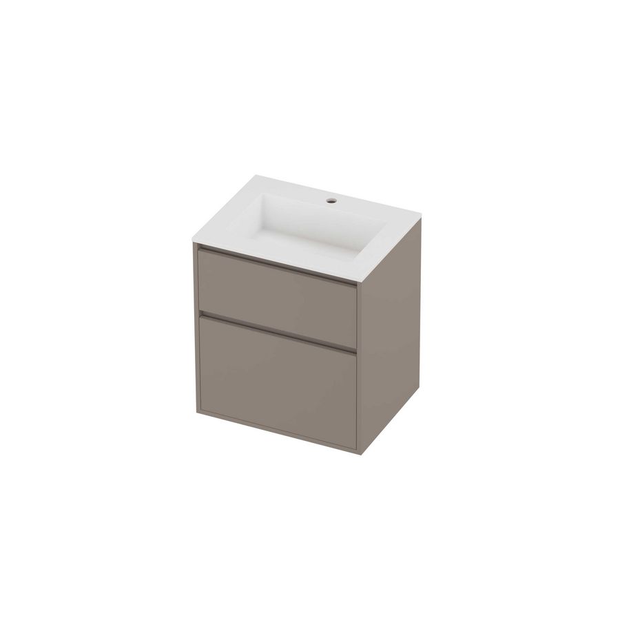 Aristo Set polystone Elegant wastafel met 1 kraangat en onderkast greeploos 2 laden a-symmetrisch in kader 600x460x670mm matt White/Clay beige