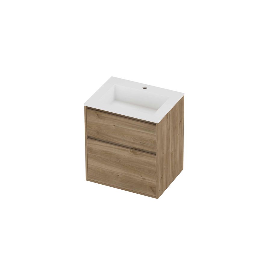 Aristo Set polystone Elegant wastafel met 1 kraangat en onderkast greeploos 2 laden a-symmetrisch in kader 600x460x670mm matt White/Cider oak