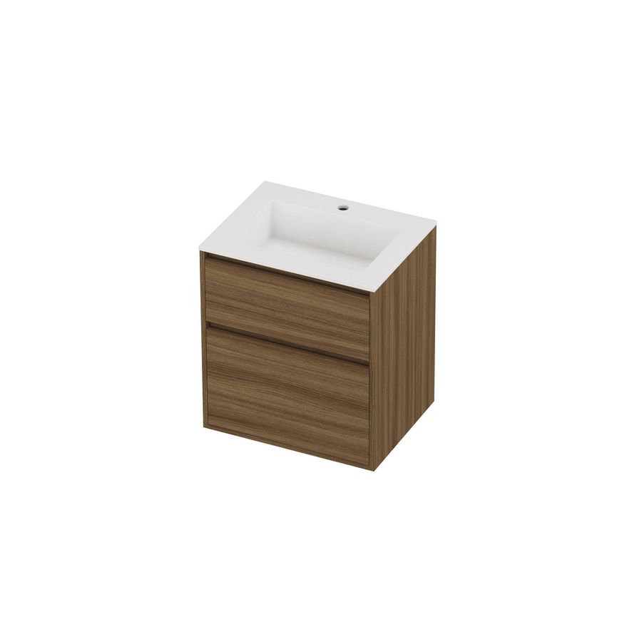 Aristo Set polystone Elegant wastafel met 1 kraangat en onderkast greeploos 2 laden a-symmetrisch in kader 600x460x670mm matt White/Caramel walnut