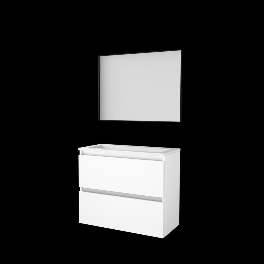Set FRAMED-39 onderkast ice white 80cm greeploos 2x la acryl wastafel z/ kraangat spiegel frame mat zwart (F39GL80A0IW)