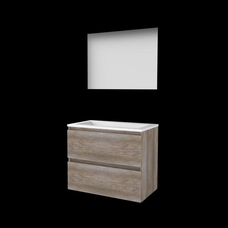 Set ULTIMATE-46 onderkast scotch oak 80cm greeploos 2x la acryl wastafel z/ kraangat spiegel ind. LED-verl. ↑+↓ (U46GL80A0SO)