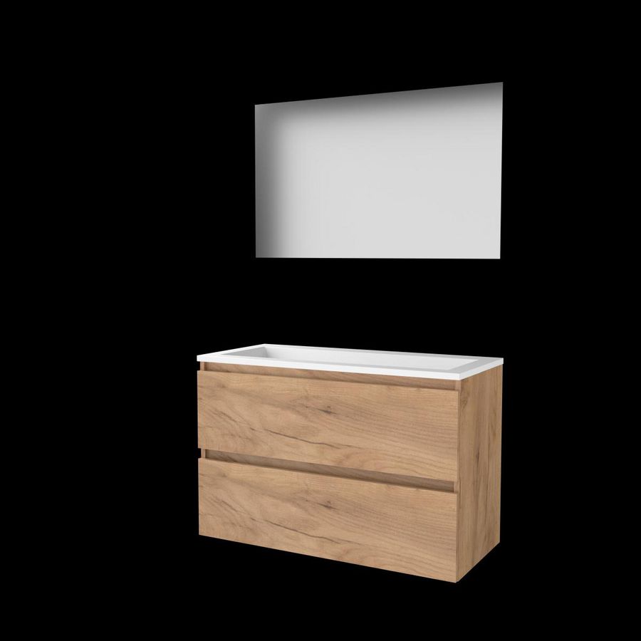 Set ULTIMATE-46 onderkast whisky oak 100cm greeploos 2x la acryl wastafel z/ kraangat spiegel ind. LED-verl. ↑+↓ (U46GL100A0WO)