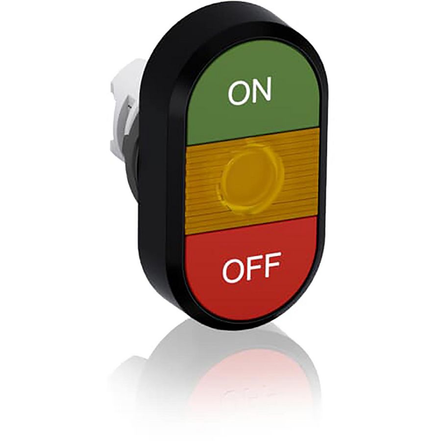 Verlichte dubbele knop groen/rood On/off tekst gele lens