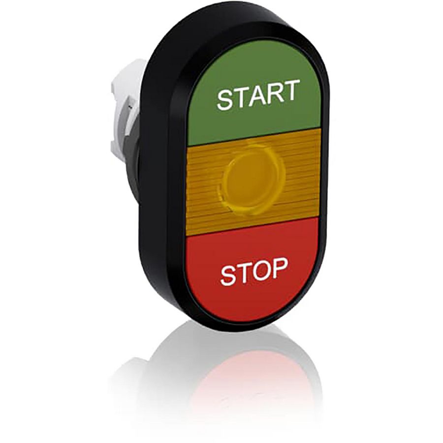 Verlichte dubbele knop groen/rood Start/stop tekst gele len