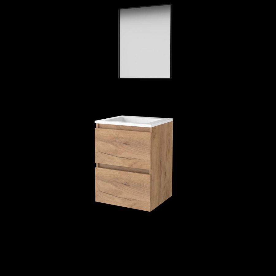 Set FRAMED-46 onderkast whisky oak 50cm greeploos 2x la acryl wastafel z/ kraangat spiegel frame mat zwart (F46GL50A0WO)
