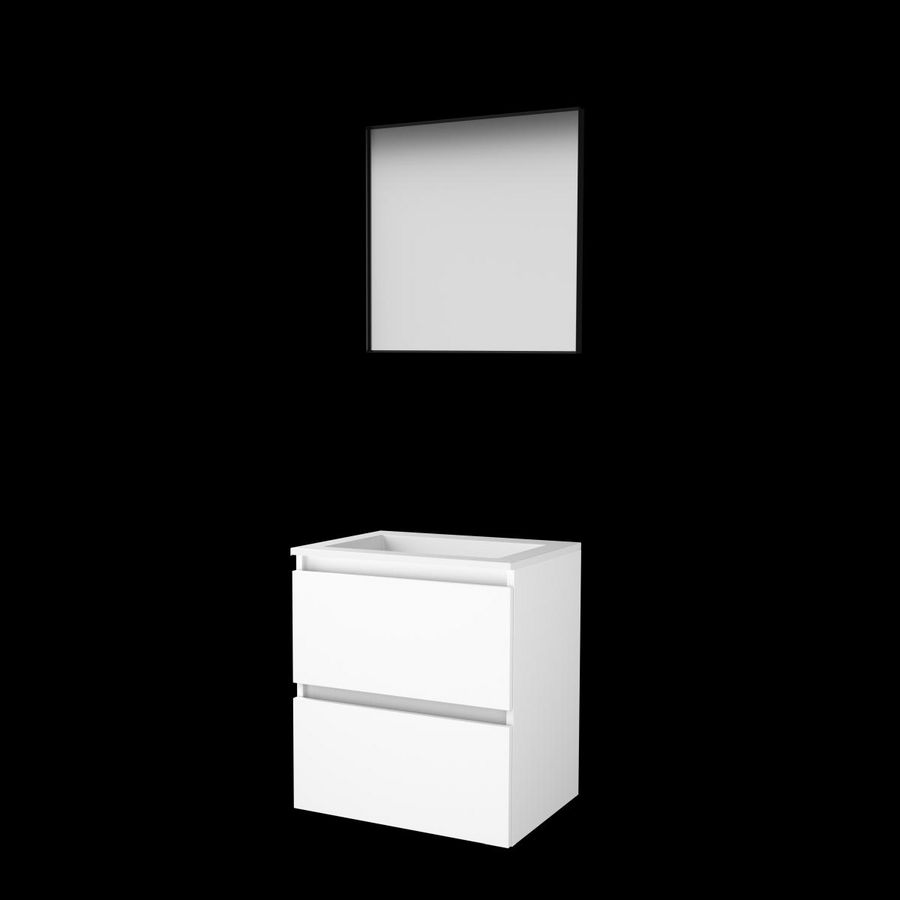 Set FRAMED-46 onderkast ice white 60cm greeploos 2x la acryl wastafel z/ kraangat spiegel frame mat zwart (F46GL60A0IW)