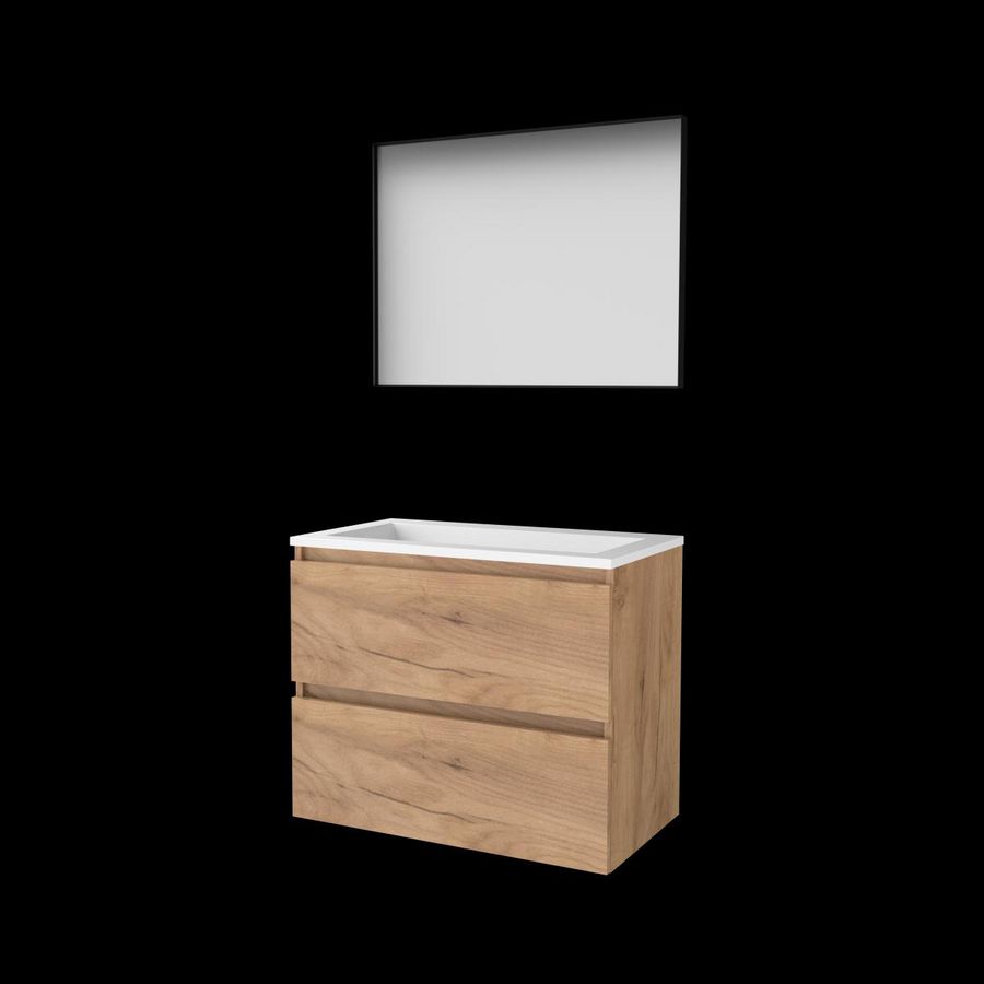 Set FRAMED-46 onderkast whisky oak 80cm greeploos 2x la acryl wastafel z/ kraangat spiegel frame mat zwart (F46GL80A0WO)