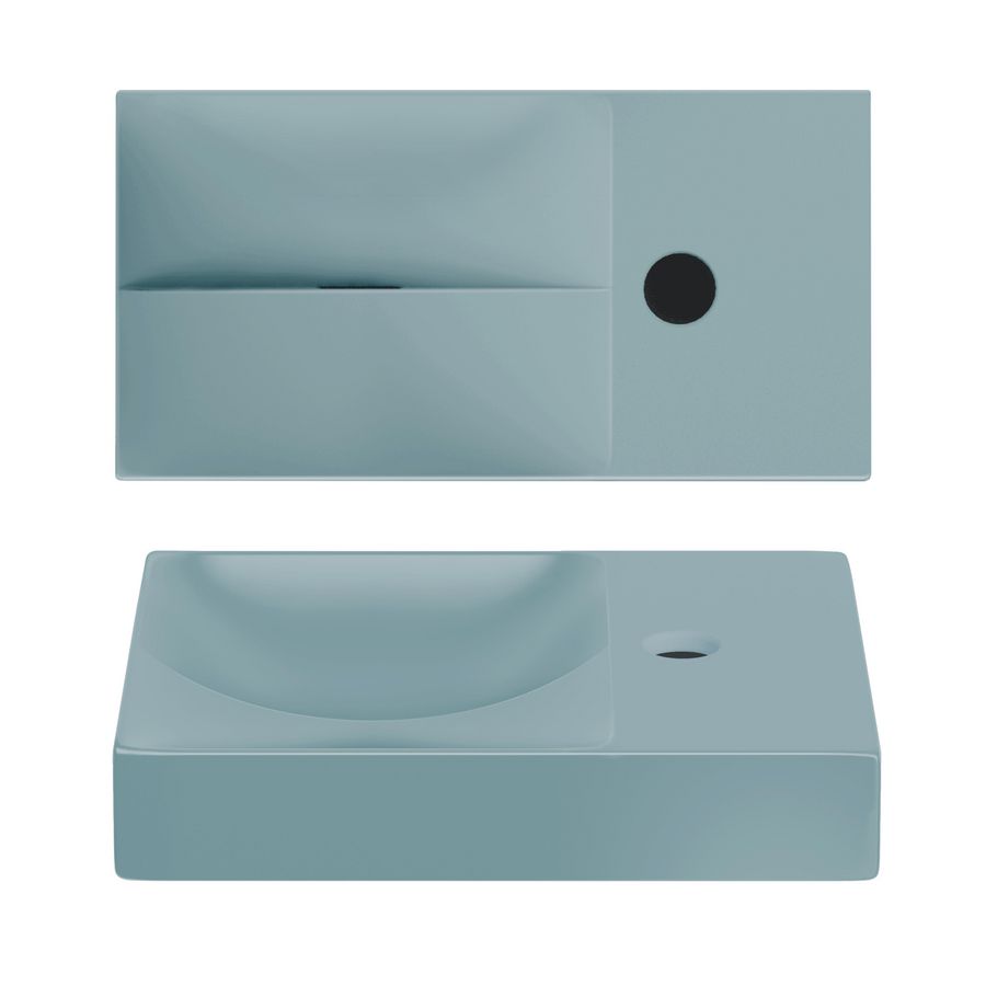 VALE fontein 380mm afleg rechts met kraangat geïntegreerde afvoer blauw keramiek