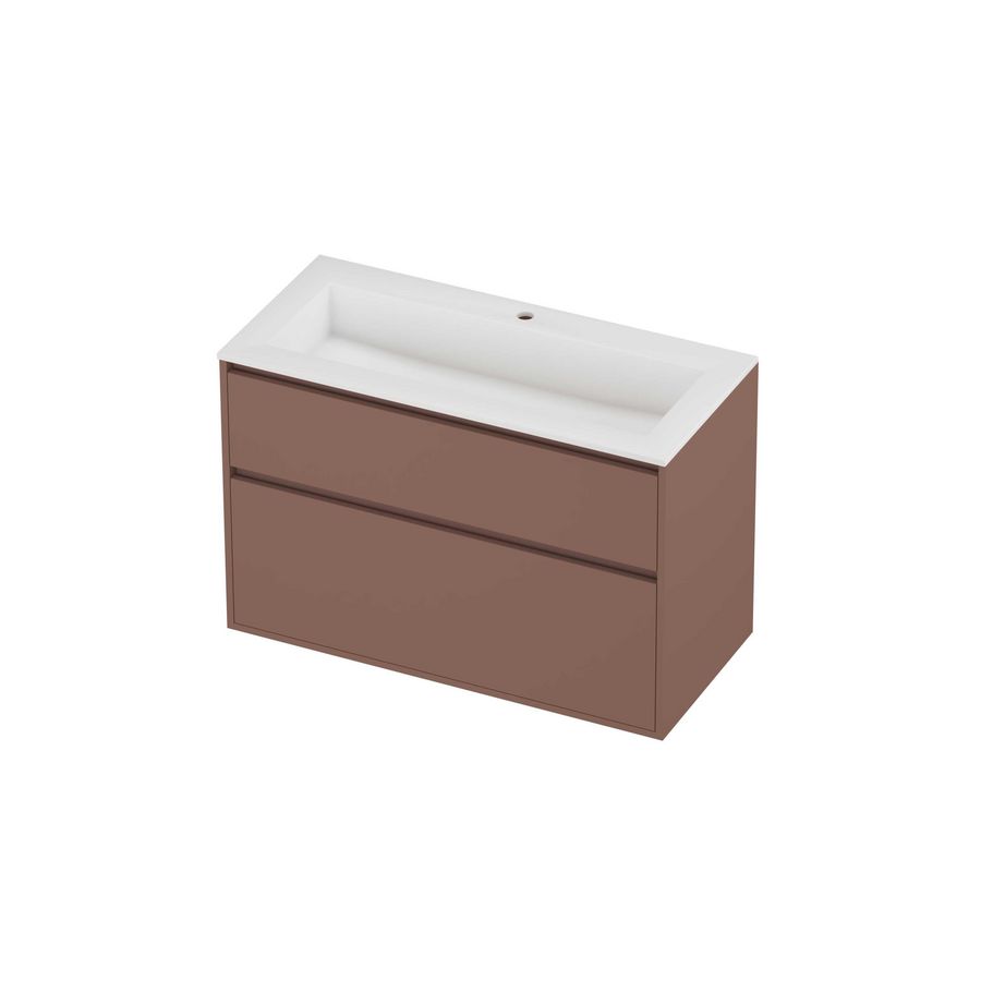 Aristo Set polystone Elegant wastafel met 1 kraangat en onderkast greeploos 2 laden a-symmetrisch in kader 1000x460x670mm matt White/Beauty blush