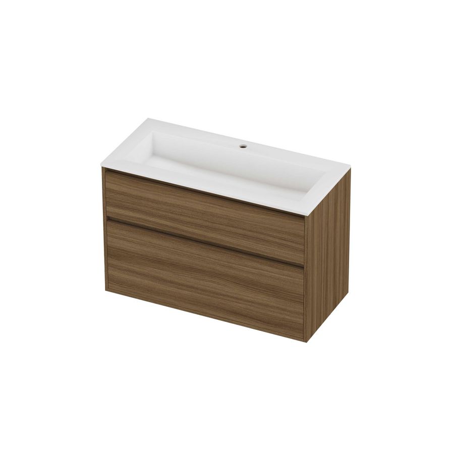 Aristo Set polystone Elegant wastafel met 1 kraangat en onderkast greeploos 2 laden a-symmetrisch in kader 1000x460x670mm matt White/Caramel walnut