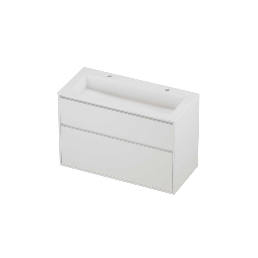 Aristo Set polystone Elegant wastafel met 2 kraangaten en onderkast greeploos 2 laden a-symmetrisch in kader 1000x460x670mm mat wit/matt white