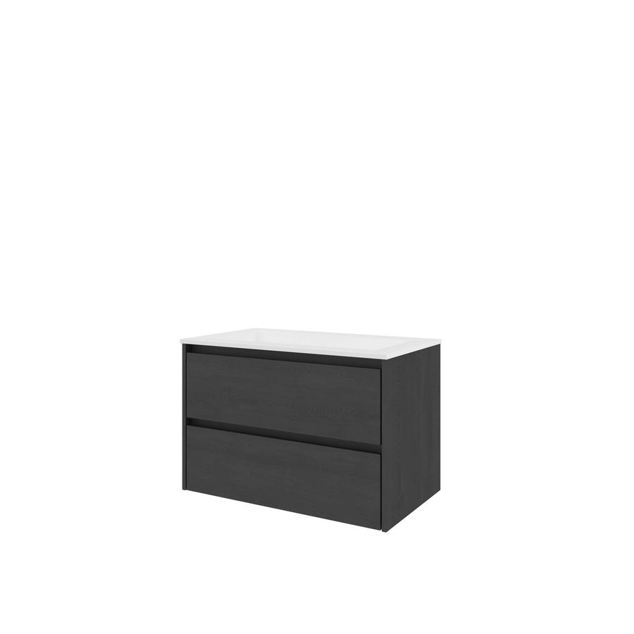 Set Proline polystone Elegant wastafel mat wit zonder kraangat onderkast symmetrisch black oak 80x46cm