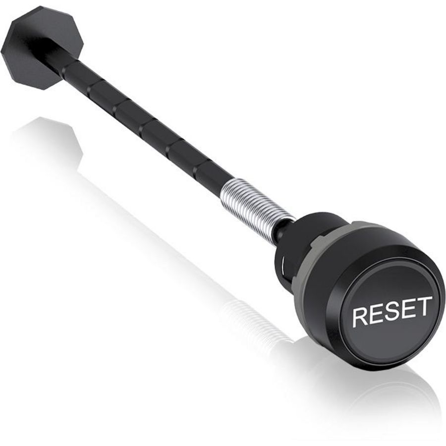 Reset drukknop met schacht Zwart met tekst "RESET"