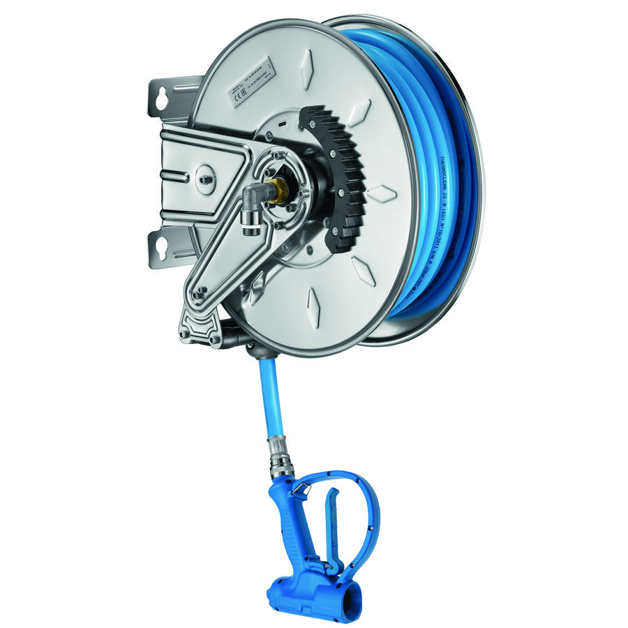 RVS haspel + RVS steun automatisch slang L=15mtr. sproeier+regelbare straal