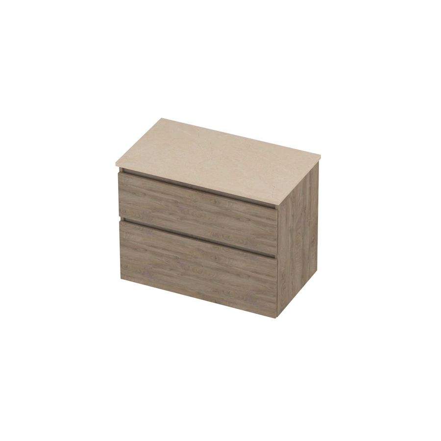 Deck Set Top afdekplaat hardsteen en onderkast a-symmetrisch 800x460x550mm Sand stone/Raw oak