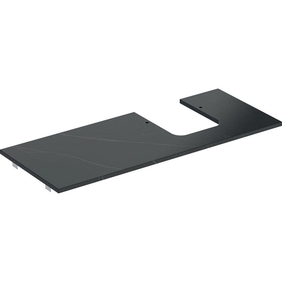 Wastafelblad porselein voor opzetwastafel 120cm zwart marmerlook mat uitsparing afgerond rechts ONE
