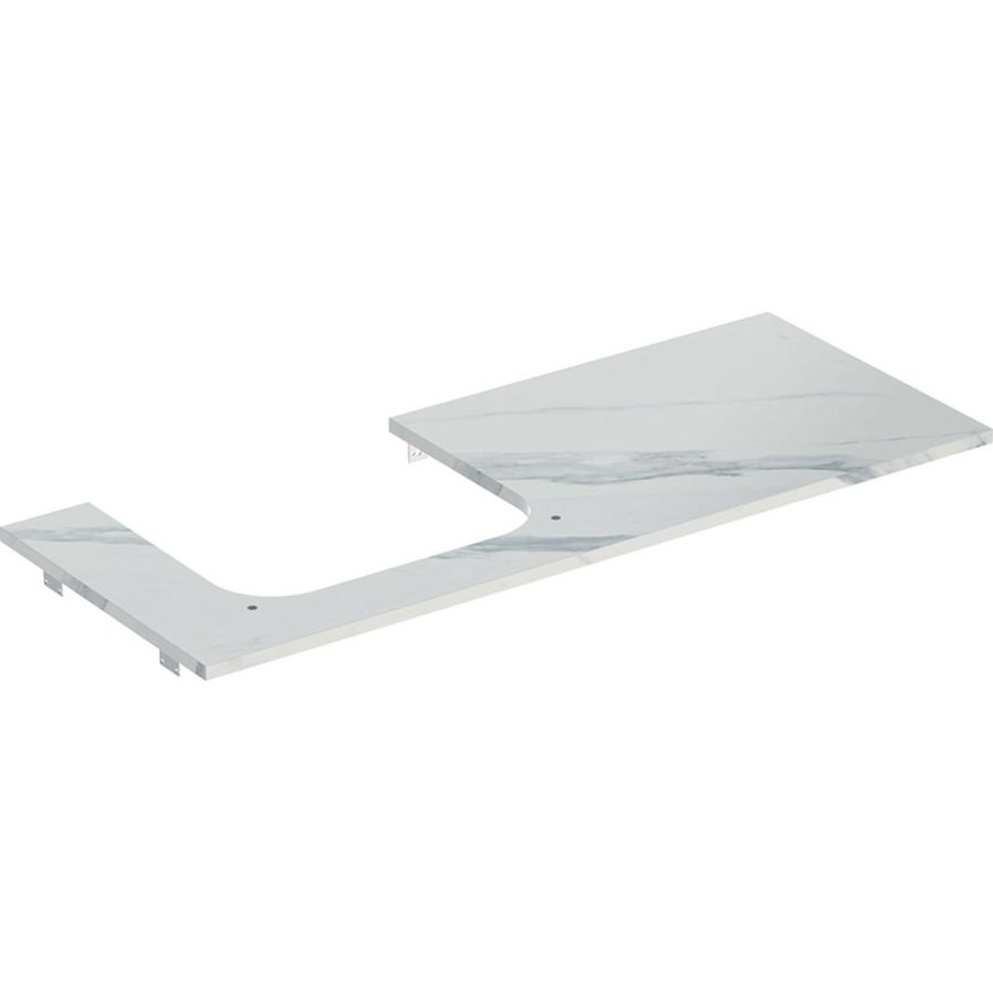 Wastafelblad porselein voor opzetwastafel 120cm wit marmerlook mat uitsparing rechthoek links ONE