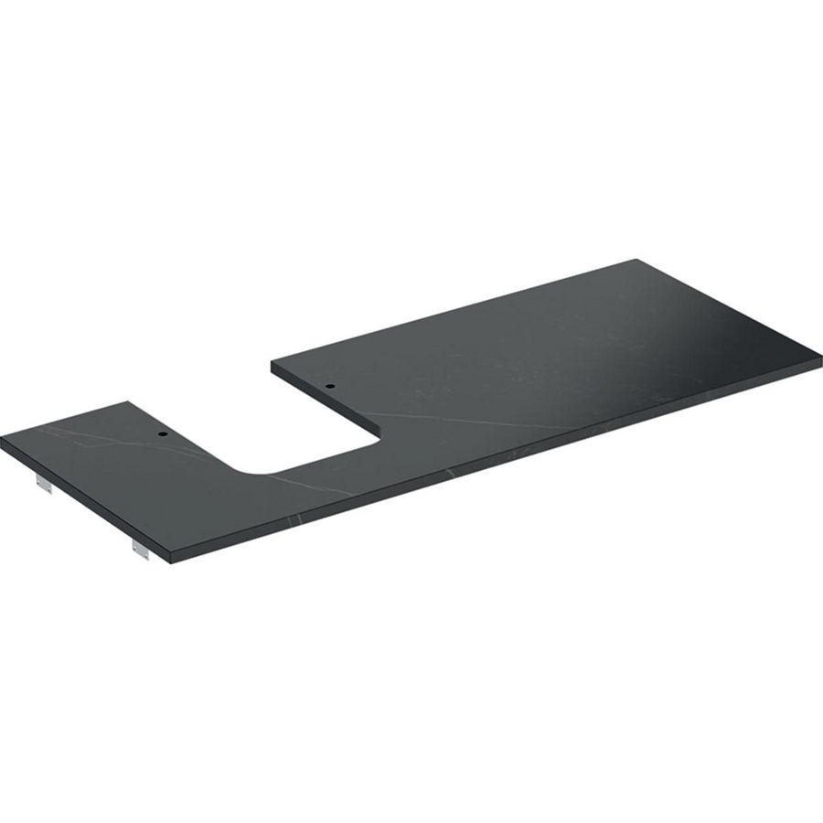 Wastafelblad porselein voor opzetwastafel 120cm zwart marmerlook mat uitsparing afgerond links ONE