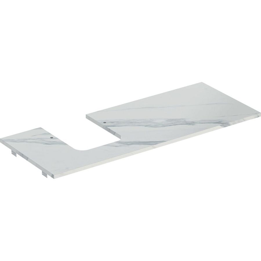 Wastafelblad porselein voor opzetwastafel 120cm wit marmerlook mat uitsparing afgerond links ONE