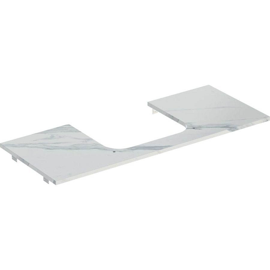 Wastafelblad porselein voor opzetwastafel 120cm wit marmerlook mat uitsparing rechthoek gecentreerd ONE
