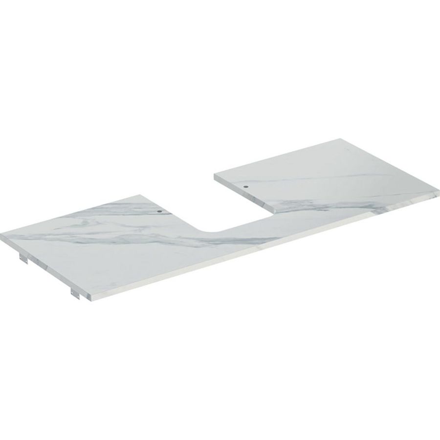 Wastafelblad porselein voor opzetwastafel 120cm wit marmerlook mat uitsparing afgerond gecentreerd ONE