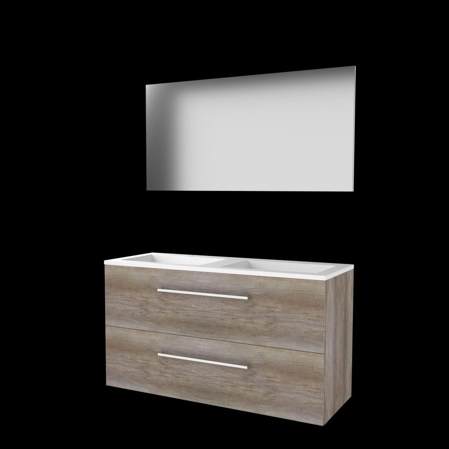 Set BASIC-46 onderkast 120cm Scotch Oak met grepen 2x la acryl wastafel 2x kraangat spiegel op plaat (B46GR1202A2SO)