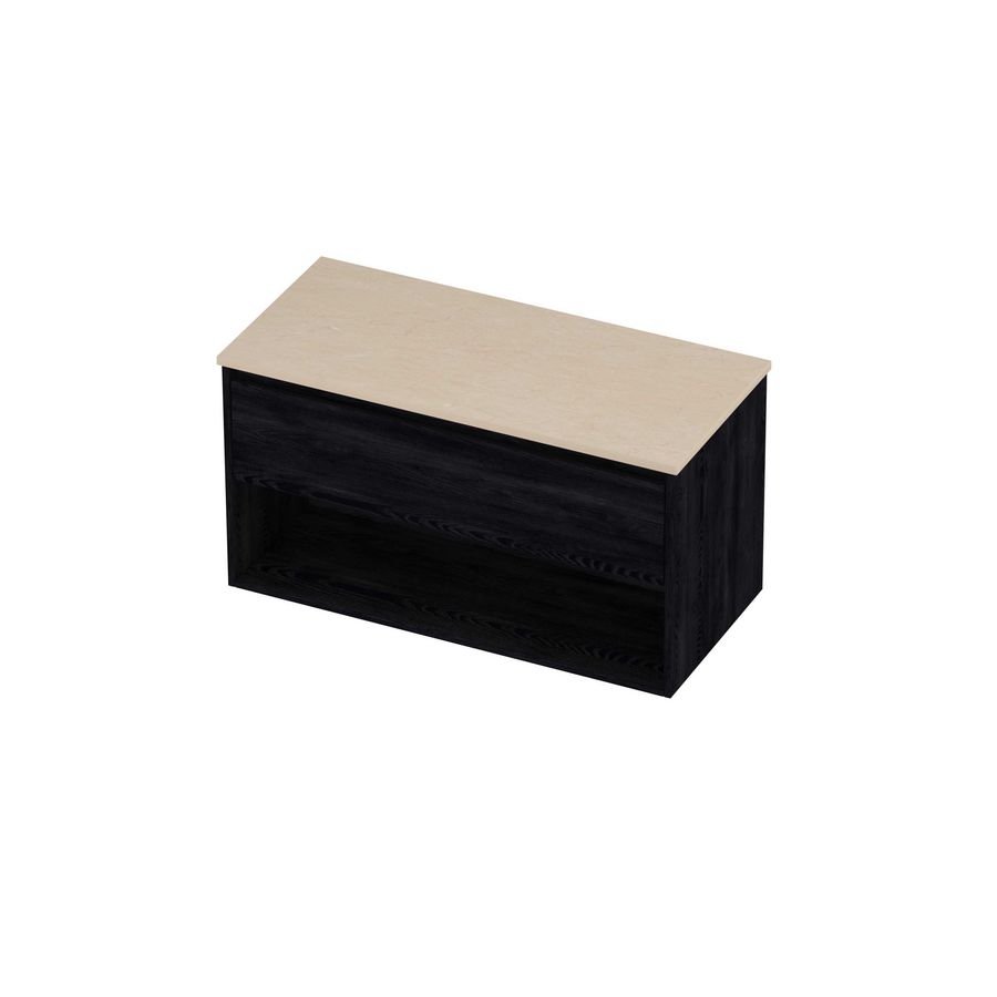 Deck Set Top afdekplaat hardsteen en onderkast met schap 1000x460x550mm Sand stone/Black oak