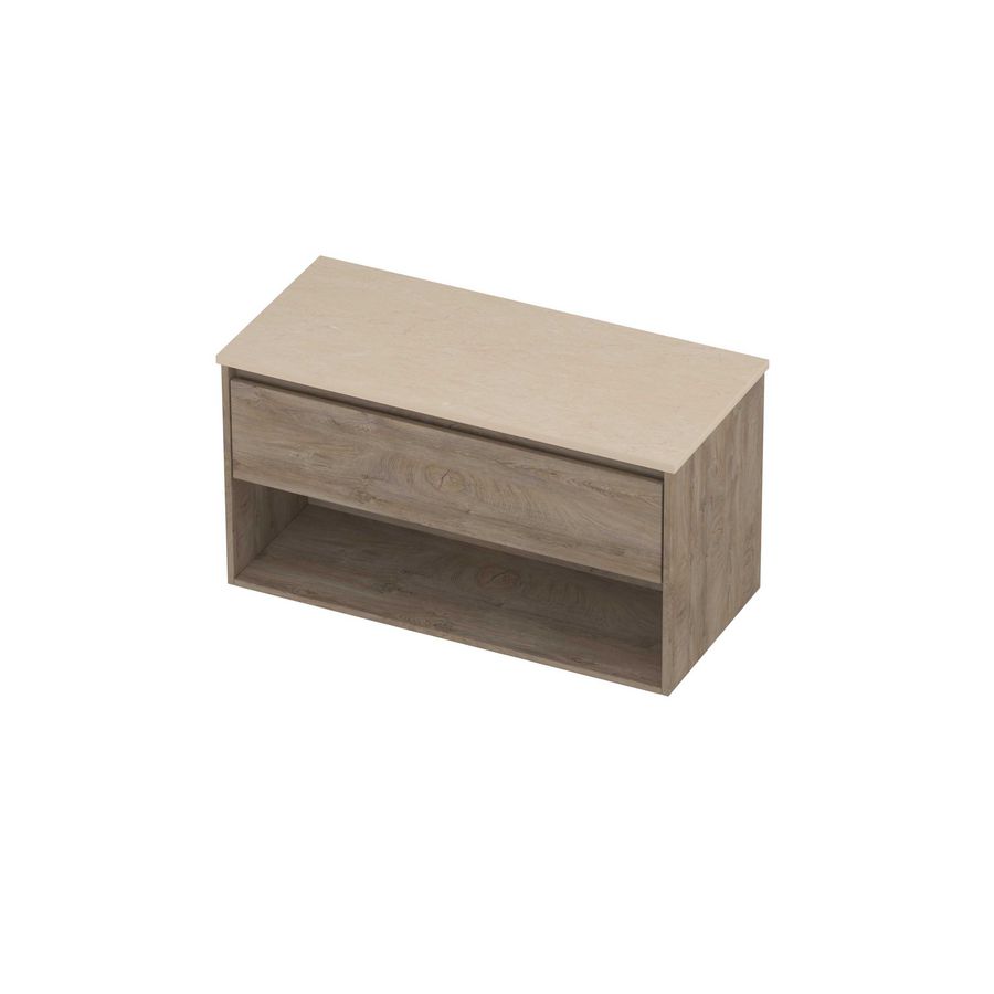 Deck Set Top afdekplaat hardsteen en onderkast met schap 1000x460x550mm Sand stone/Raw oak