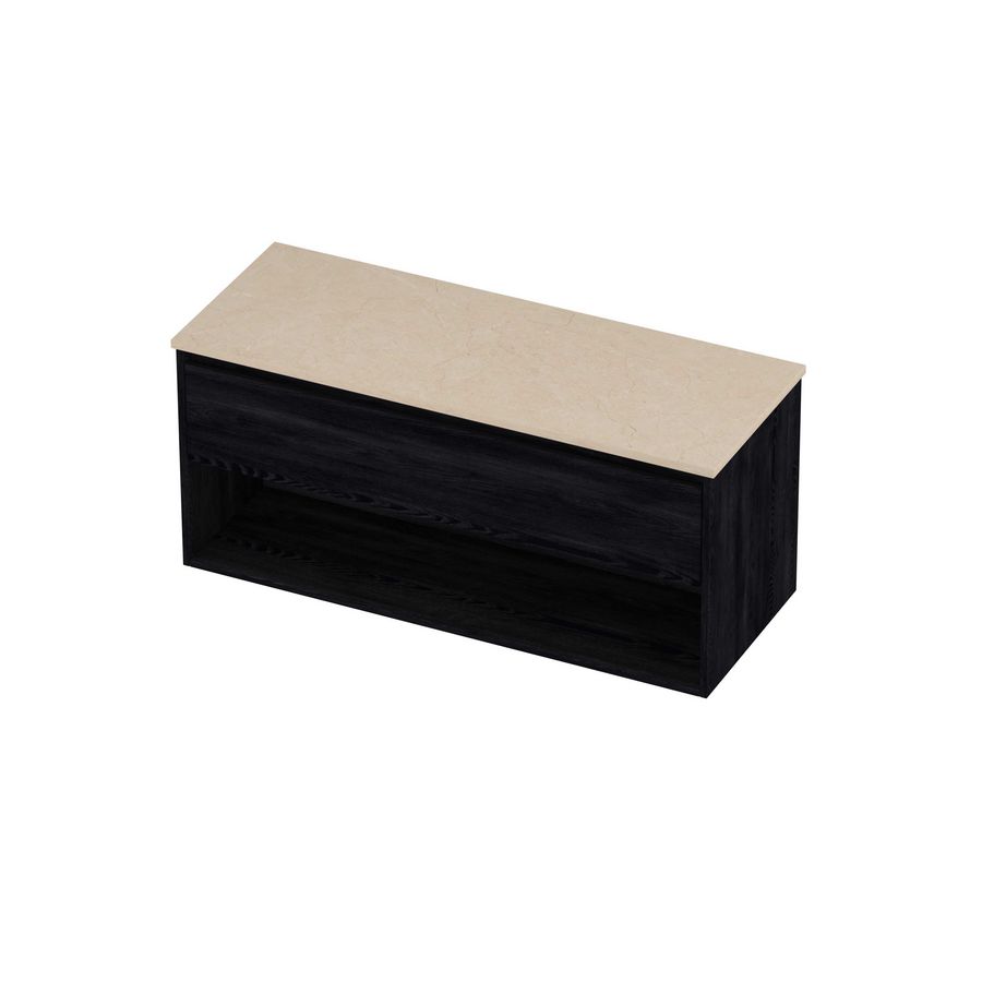 Deck Set Top afdekplaat hardsteen en onderkast met schap 1200x460x550mm Sand stone/Black oak