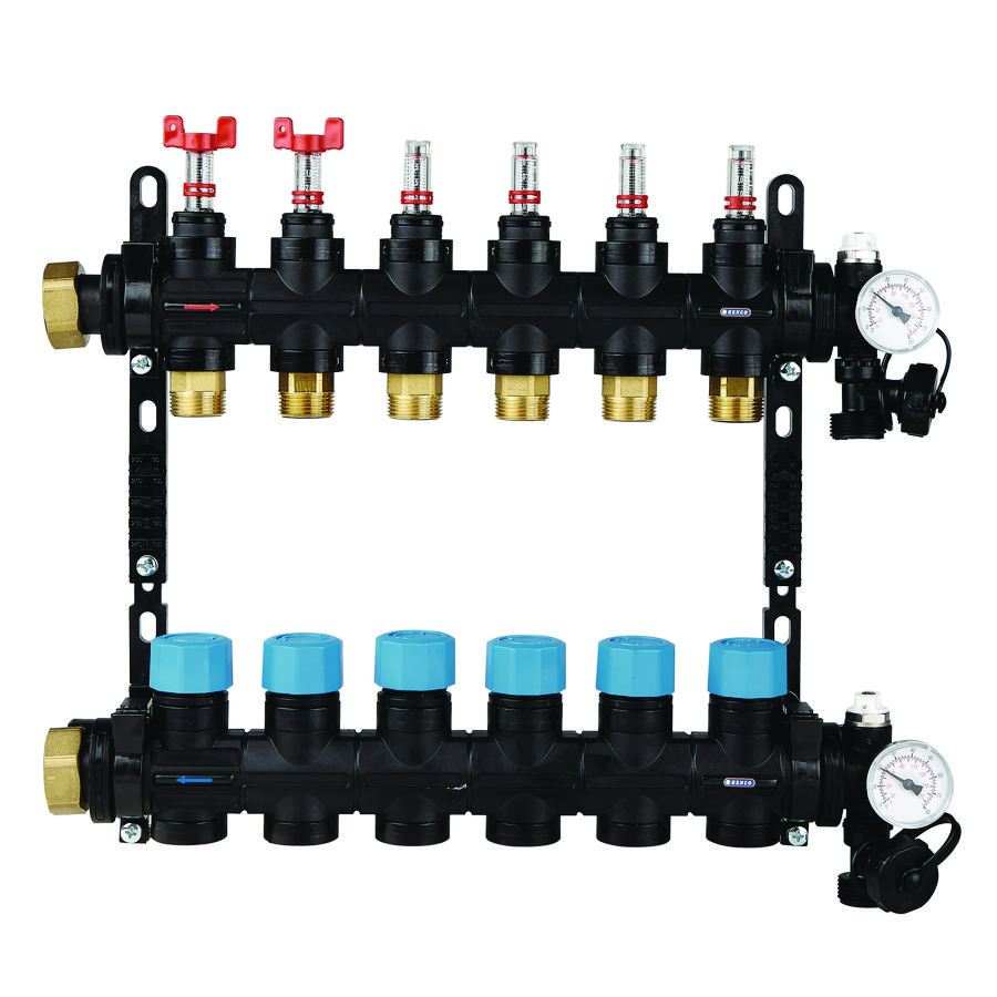 PROMO 10-groeps verdeler UFH-MDK composiet incl. debietmeters 0-3L thermometer+ vul-aftapkraan (UFH-0605MDK10-03L)