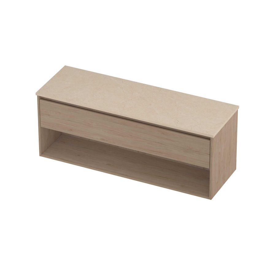 Deck Set Top afdekplaat hardsteen en onderkast met schap 1400x460x550mm Sand stone/Ideal oak