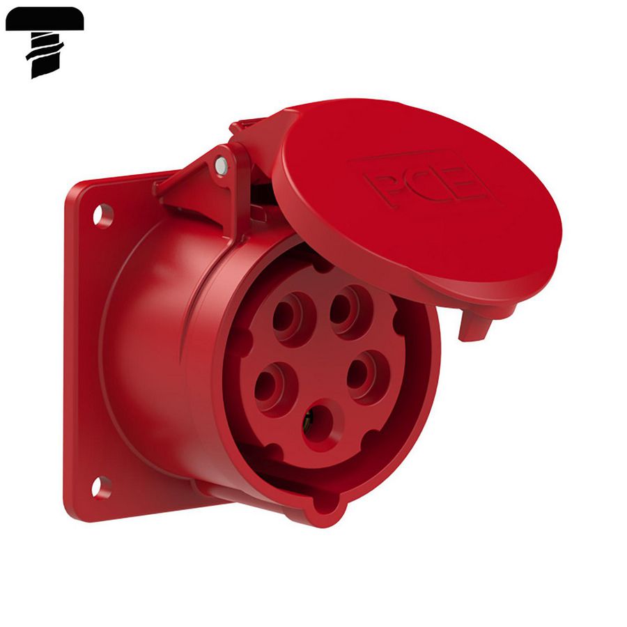 CEE inbouw wandcontactdoos recht 16A 5p 400 V 6h rood IP54 flens 75x75mm