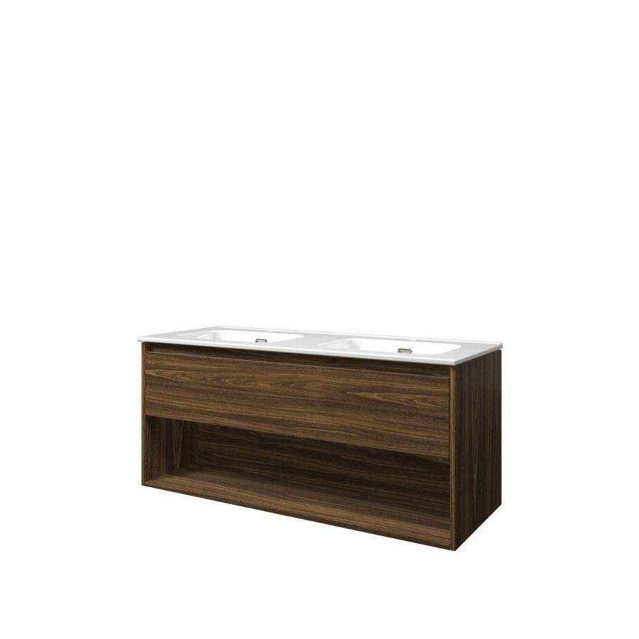 Set Proline porselein Elegant dubb. wastafel wit met 2 kraangaten onderkast 1x lade+schap cabana oak 120x46cm