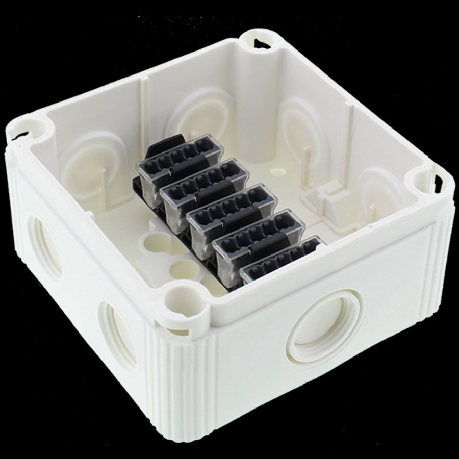 Kunststof kabeldoos 95x95x60mm wit, met 5-polige klemsteen (COMBI407/5WH) VVE=5